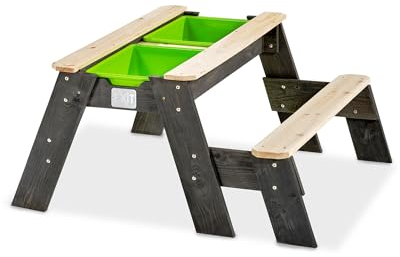 EXIT Toys Aksent Table de Pique-Nique, Table de Sable & Table d'Eau en Bois - Table de Jeu pour Enfants dans le Jardin - Avec 1 Banc, 2 Bacs Amovibles & Couvercle - 100% FSC Bois de Cèdre - 94x94x50cm