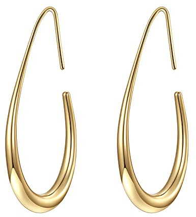 Lightweight Teardrop Hoop Earrings for Women - 14k Gold/White Gold Plated Large Oval Pull Through Hoop Earrings High Polished Statement Jewelry Gift for Women(gold 30 * 18)