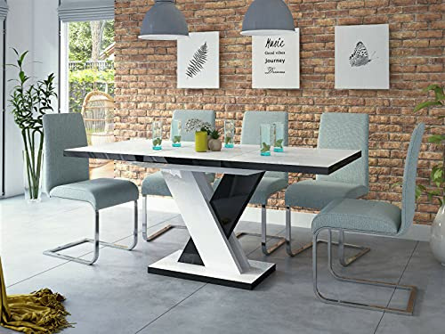 Sellon24® Esstisch Ausziehbar Weiß - Schwarz Hochglanz 120-170 cm, Esszimmertisch für 4-6 Personen, mit Synchronauszug - 120x76x80 cm (BxHxT) - Ausziehtisch Modern Esszimmer Dixon
