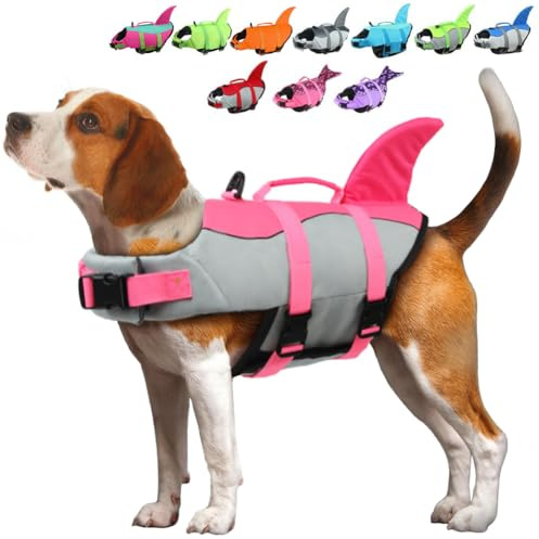 EMUST Shark Life Jackets for Dogs, Adjustable Ripstop Dog Life Vest for Water Safety Pet Life Vest with Rescue Handle Safety Vest for Swimming Pool Beach Boating, (L,Pink)