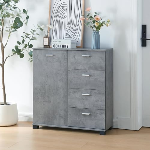 [en.casa] Madia Comò con Cassettiera Armadio Basso con 4 Cassetti e Anta Armadietto Stretto Multiuso Mobile Portascarpe 84 x 80 x 28 cm - Effetto Cemento