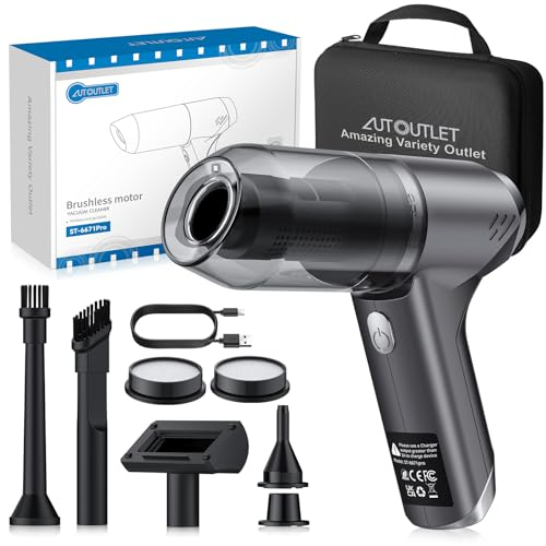 AUTOUTLET Mini Handstaubsauger Kabellos, 4 in 1 Staubsauger Auto Brushless Motor 11KPA High Power, 2-Gang 85000 U/min Druckluftspray, Akku Auto Staubsauger für Outdoor, Office Reinigung und Tierhaare