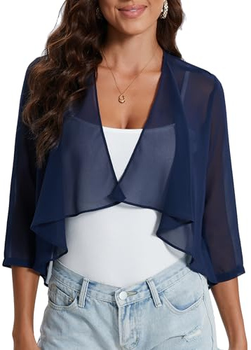 Hobrounn Bolero estivo da donna, in chiffon, da donna, corto, elegante, a spalla, bolero, blu navy, L