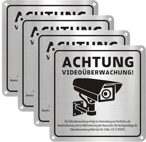 Vueinrg 4 Stück Achtung Videoüberwachung Schild Kameraüberwachung Privatgrundstück Warnschild Hinweisschild Selbstklebend Kamera Überwachung Schild aus Aluminium 15x15cm
