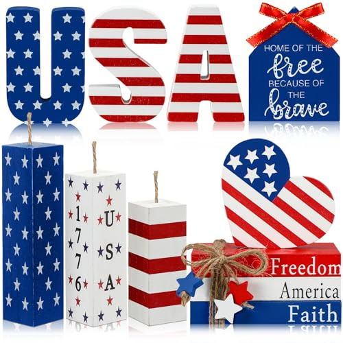 FoldTier 11 Pieces Memorial Day Table Decoration 4th of July Tiered Tray Decorations Patriotic Wooden Faux Book Stack Firework Centerpiece Independence Day Tabletop Decors for Home Tables