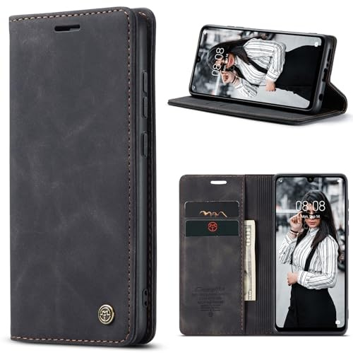 Mosoris Custodia a portafoglio per Huawei P30 Lite, in pelle, resistente agli urti, per Huawei P30 Lite, con scomparto per carte di credito, supporto per fotocamera, pieghevole, in pelle, colore nero