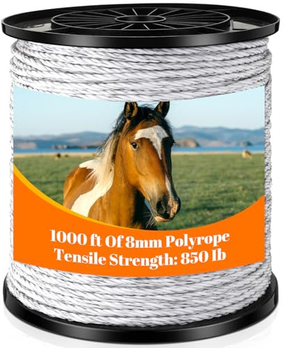 Wowangce 1 Roll Electric Fence Polywire 1000 Feet(305m) Length, 0.3 Inch Wide(8mm) Electric Fencing Wire with 6 Stainless Steel Strand Portable Fence Rope for Livestock Garden (1000ft in Total,White)