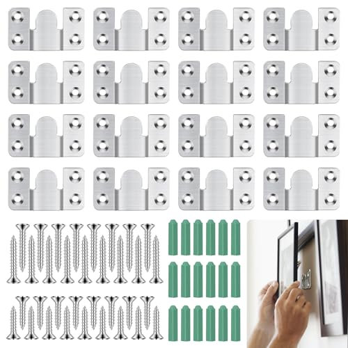 16 Pièces Support Montage Encastré Dissimulé, Crochet pour Cadre Photo en Acier Inoxydable, Attache Cadre à Emboîtement, Accroche Cadre avec Vis pour Cadres, Miroirs
