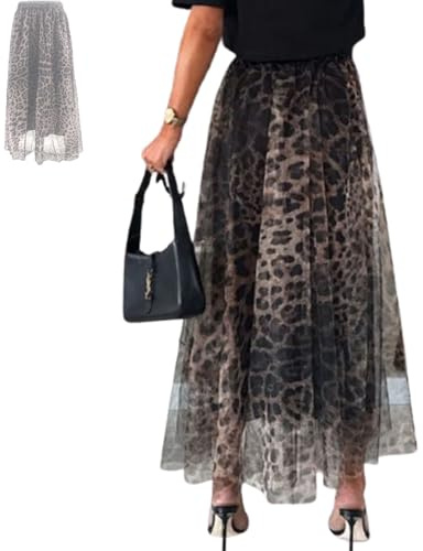 EEJBYTDI Leopard Print Layered Design Bustier Maxi Skirt, Women's Elastic Leopard Snake Print Maxi Long Skirt (Medium)