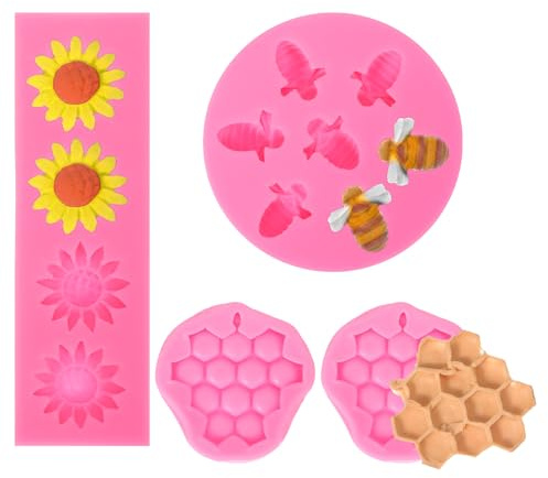 Mabor 4 stampi in silicone a nido d'ape per api e girasoli, per fai da te, decorazione per torte, cioccolato, caramelle e biscotti