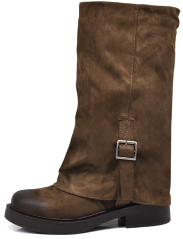 IF Stivali da donna con risvolto slouch e fibbia decorativa stile biker retrò in camoscio sintetico MP2744-6 Marrone N.40