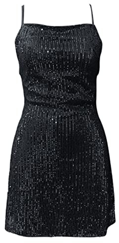 Vestiti Eleganti Donna, Abito da con Bretelle con Paillettes Abito da Sexy con Paillettes Senza Schienale (Black, S)