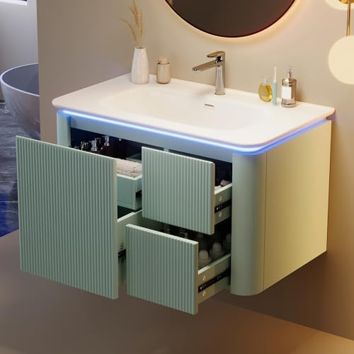 VIVCA Mueble para lavabo colgante de pared, 80,5 × 47,5 × 51 cm, completamente lacado, estructura vertical, luz LED con sensor de movimiento de radar, cajones silenciosos, diseño antigolpes, lavabo de