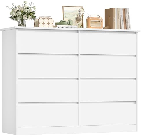 FOREHILL 120 cm Cassettiera con 8 Cassetti, Cassettiera Camera da Letto, Comò Camera da Letto, Mobile con Cassetti Moderna, per Corridoio, Soggiorno, 120x39,5x96cm (Bianco)