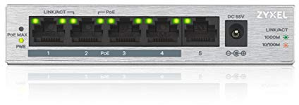 Zyxel 5 Port Nätverk Ethernet Switch | Unmanaged Gigabit PoE+ | GS1005HP | 4x PoE+ med 60W Budget + 1x GbE, Fläktlös, LED-indikatorer, Väggmonteringssats Ingår, Plug-och-Play Installation