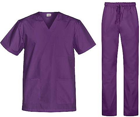 B-well Set med sjukhuskläder bestående av bussarong och slip-on-byxor, unisex, uniform för läkare, topp med byxor, medicinska arbetskläder (blåbär, XS)
