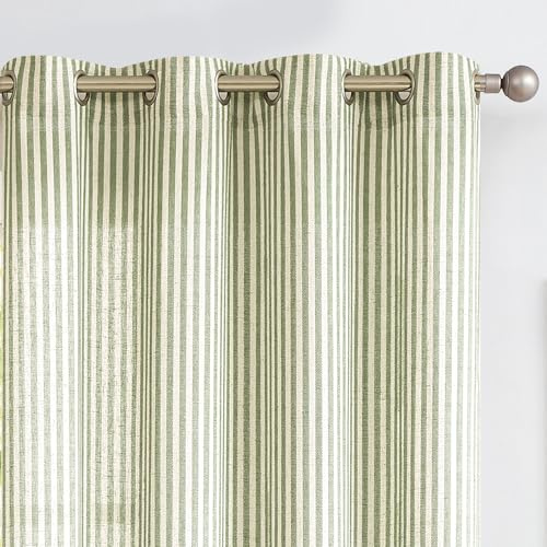 Vangao Tende semi-velate in lino a righe con strisce di zolletta e stampa su tendaggi beige, 200 cm, per soggiorno, camera da letto, passacavi, 2 pannelli