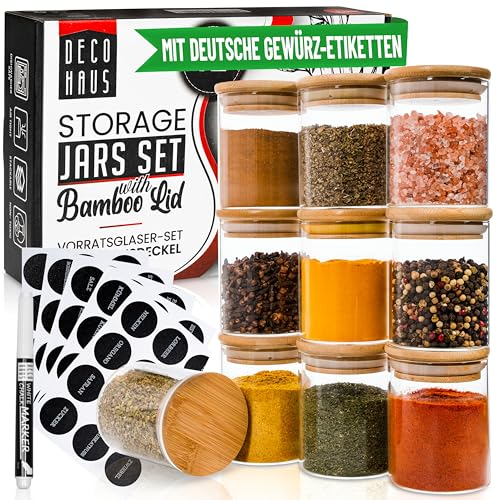 Deco haus® Gewürzgläser rund luftdicht mit Holzdeckel 10er Set [+Etiketten] - Gewürzdosen Set Glas - Gewürzbehälter Spice Jars Set - Gewürze Aufbewahrung - Behälter für Gewürze - Gewürzaufbewahrung