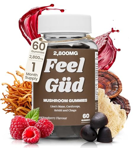 Mushroom Gummies with Lion's Mane, Chaga, Cordyceps & Reishi, 2,800mg 4-in-1 Blend with B12 & B6, 60 Raspberry Flavour Gummies, Supporting Brain Function, Sleep, Immunity & Natural Energy
