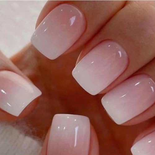 WAFOLOZE Nails Press ons,White Ombre Short Square Press on Nails Fake Nails Glossy Acrylic Artificial Nails Stick on Nails for Women 24Pcs