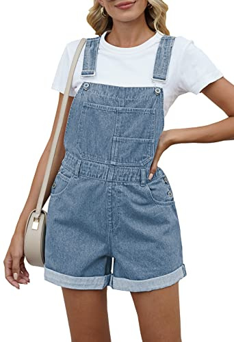 Pink Queen Women's Retro Revolt Dungaree Utility Denim Romper Shortalls Empire Waist Cuffed Hem One Piece Jean Overall Shorts with Pockets Light Blue S