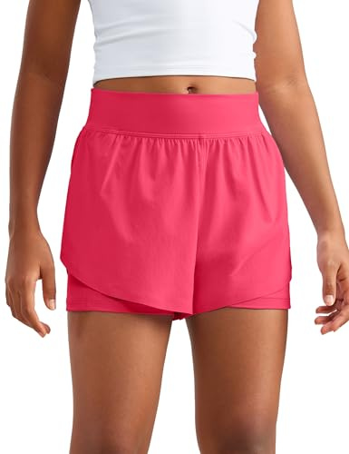 CRZ YOGA Girls Feathery-Fit Soft 2 in 1 Dolphin Athletic Shorts - Tennis Soccer Running Casual Liner Pockets Kids Teen Lip Gloss Pink Medium