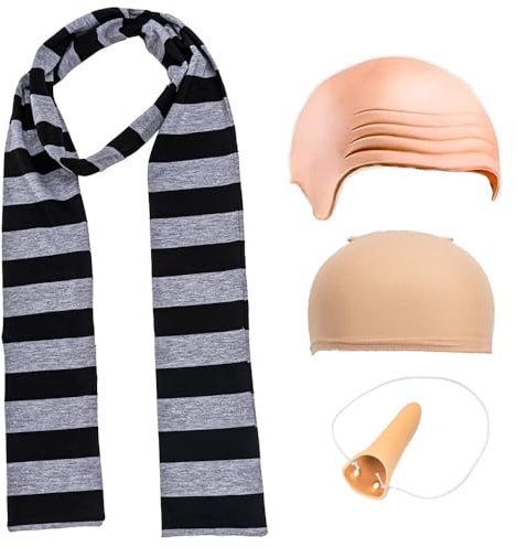 FVCENT 4pcs Set für männliche und weibliche Halloween Rollenspiel Party Zubehör, schwarz und grau Schals, Latex kahle Kopfhaut und gefälschte Nase, Haar Kappe (atex Kopfhaut -4)