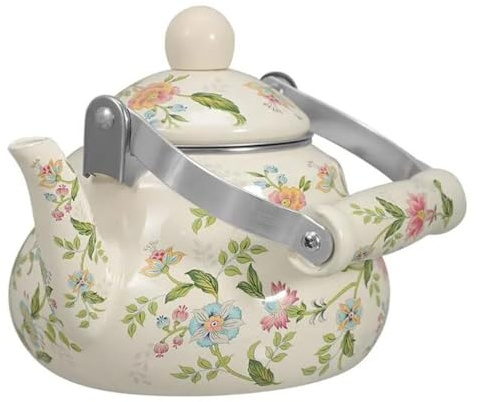 RSBFER Enamel Teapot, 1.5L Porcelain Enameled Teakettle, Vintage Floral Cooktop Teapot with Cool Handle, Non-Whistling for Brewing Tea & Coffee,A