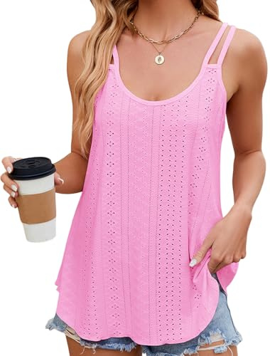 Camisetas sin Mangas Mujer Top Bordado Calado Cuello Redondo Holgada Casual Verano Vaporosa Camisetas Tirantes Mujer Tirantes de Espagueti Cami Tank Top Mujer