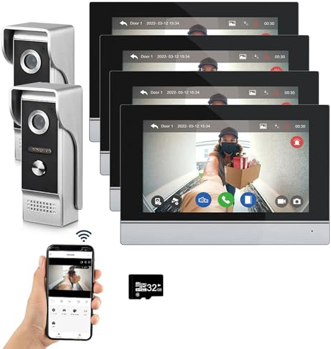 Sistema de intercomunicación de vídeo por cable Tuya WiFi 7 pulgadas de pantalla táctil 1080P timbre de la puerta inteligente Tuya APP Intercom Kit 2 desbloqueo de la puerta (2 Timbre+4 Monitor)
