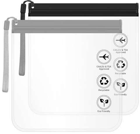LOPHE Clear Travel Toiletry Bag TSA Approved, 20x20cm Airport Security Liquids Bag, Waterproof Cosmetic Bag with Handle (Black & Grey), 2 Pack Travel Accessories for Women & Men