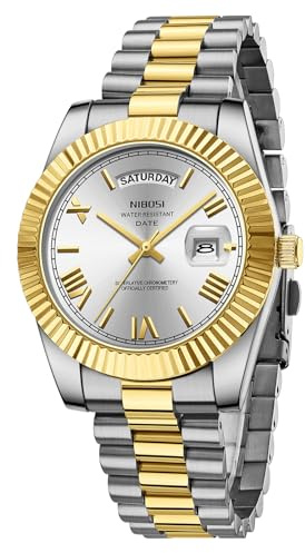 NIBOSI Herrenuhr Armbanduhr Herren Analoge Quarzuhr Edelstahl Uhren für Herren Männer wasserdichte Business Casual Klassiker Watch mit Tag und Datumsanzeige(Gold Silber W)