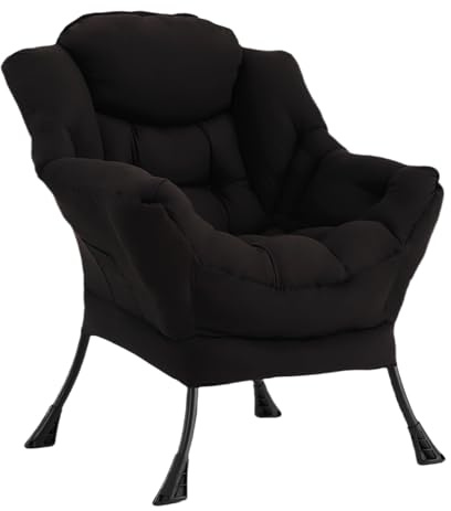 Welnow Black Single Lazy Chair for Living Room, Modern Reading Accent Chair with Armrests and a Side Pocket, Leisure Lazy Sofa Chair for Small Space, Bedroom, Dorm