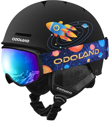 Odoland Kids Ski Helmet, Snow Helmet with Ski Goggles for Boys and Girls, Safety Youth Snowboard Sports Helmets and Goggles Set for Children Ages 6-14, Black Rocket, XS