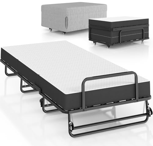 Brinlawb Brandina Pieghevole con Materasso Spesso 10 cm, 90x200 cm Letto Pieghevole Singolo Letto per Ospiti con Struttura in Robusta Metallo e 4 Ruote, Può essere utilizzato come letto o come divano