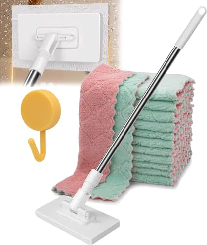 Fregona Antipolvo Desechabl, Flat Mop with Disposable Pads, 360° Mini Dust Mop, 39 Wet and Dry Mopping Sweeper Stick with Locking Head & Sweeping Cloths for Wall, Window (1Set+5Cloths)