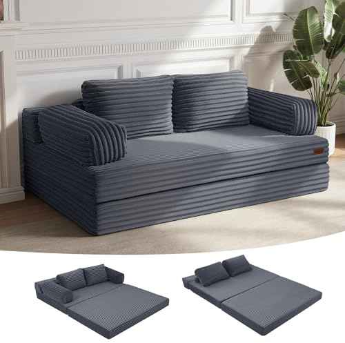 MeMoreCool Convertible Sofa Bed, Folding Floor Boneless Couch Pull Out Sleeper Mattress with Pillows, Fold Out Lounge Loveseat for Small Spaces & Guest Bedroom, Grey