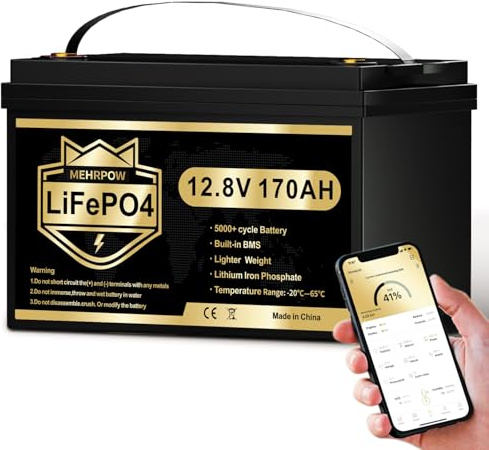 LiFePO4 12V 170AH Autobatterie 150A BMS über 5000 Mal Tiefzyklus Lithium Akku 2176W Abschaltschutz bei Niedriger Temperatur für Wohnmobil, Camping, Boot, Solare Heimanlagen