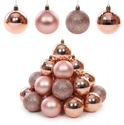 Rose Gold Christmas Baubles 6cm Set of 20 Mixed Style Pack Shatterproof Xmas Tree Decorations Rose Gold Bauble Set for Christmas Tree Décor
