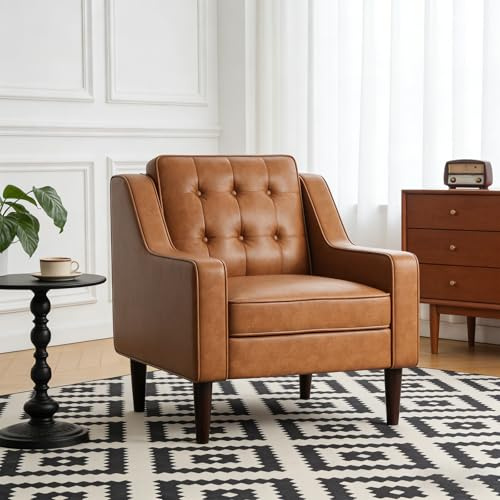 FiveWillowise PU Leather Accent Chair, Mid Century Modern Arm Chair for Living Room, Button-Tufted Upholstered Reading Chairs with Removable Cushions for Bedroom, Office, Cafe,Brown