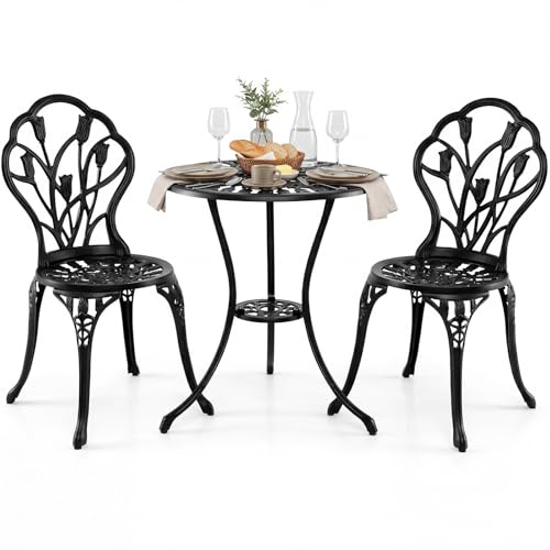 COSTWAY Conjunto Jardin Exterior de 3 Piezas, Aluminio Fundido, Mesa y 2 Sillas Jardin con Orificio para Sombrilla, Set de Bistro Balcon Terraza Espacios Pequeños, Diseño de Tulipán, Vintage