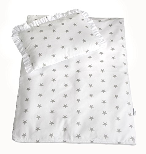 Rawstyle 2 tlg. Set Bezug **STERNEN-MOTIV** in 70x50 cm für Kinderwagen, Wiege und Stubenwagen Kinderbettwäsche Garnitur Bettwäsche *Deckenbezug + Kissenbezug* (Weiß + Sterne Grau)