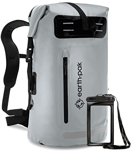 Earth Pak Summit wasserdichter Rucksack, Backpack mit leistungsstarkem Reißverschluss und Rolltop, wasserfester Handyhülle Grau 55L