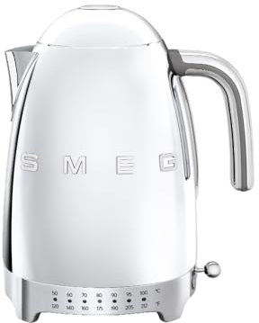 SMEG Variable Temperature Electric Kettle 1.7L (7 Cup), Stainless Steel Tea & Coffee Kettle, Fast Boil, Adjustable Temp 122°F–212°F, Keep Warm, Auto Shut-Off, 360° Base, Retro Style-Silver