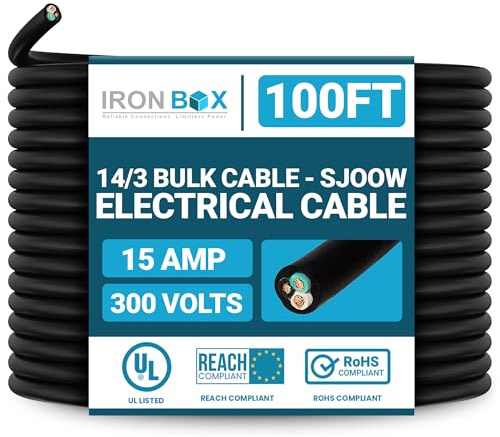 IronBox Electric 14/3 Bulk Cable - SJOOW Electrical Cable - 3 Wire Conductor, 15A, 300V - Water and Oil Resistant - Heavy Duty Portable Outdoor Extension Cord for Generator, HVAC System & More (100ft)
