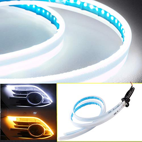 QasimLed 2-Pack 30cm Waterproof Soft Tube Guide Car Sequential Flowing Flexible Daytime Running Light White with Yellow Turn Signal LED Strip Auto Cars
