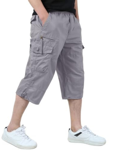 KEFITEVD Cargo Shorts Men 3/4 Length Shorts Long Short Pant Cropped Trouser | Multi pockets, elastic waist, casual work shorts, cotton capri trousers, summer below knee, 15 inch, comfortable, lightweight