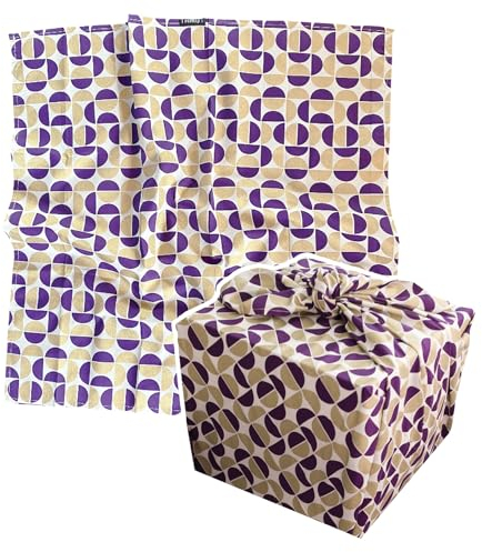 FabRap Furoshiki Fabric Gift Wrap, wiederverwendbare einseitig Stoff wickeln, wunderschön mit Gold und Pflaume Schweizer Grid Design auf einer Basis von Stein-beige
