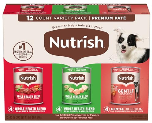 Nutrish Gentle Digestion and Whole Health Blend Premium Paté Variety Pack Wet Dog Food, 13 oz. Can, Pack of 12, Packaging May Vary (Rachael Ray)