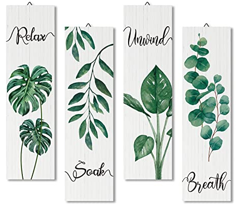 decalmile 4 Pieces Tropical Palm Leaves Wooden Signs Hanging Wall Plaque Boho Leaf Wall Decor Sign for Bathroom Living Room Home Art Decor